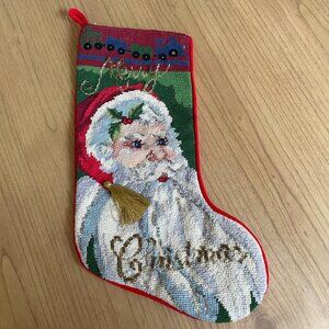 Needlepoint Santa Christmas Stocking Wool Beaded Detail Merry Christmas